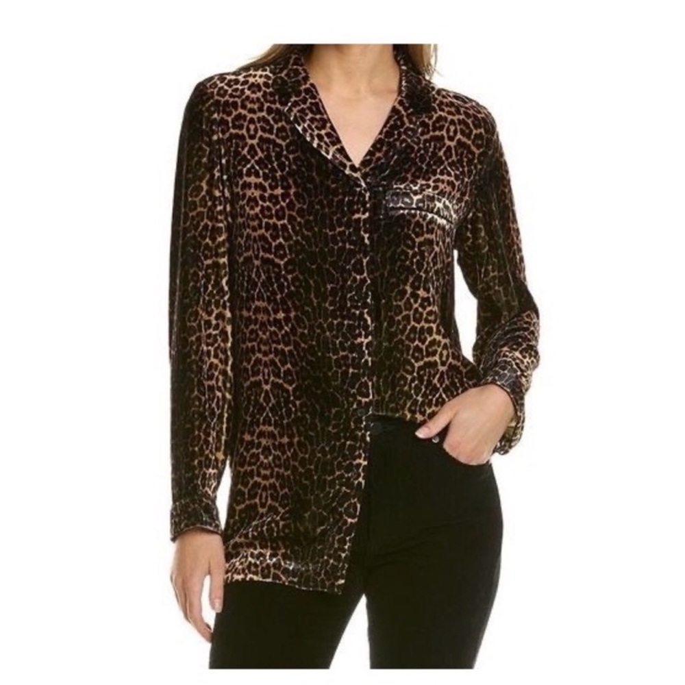 The Kooples Leopard Print Velvet Silk Blend Button Front Shirt  Size 3/Large US